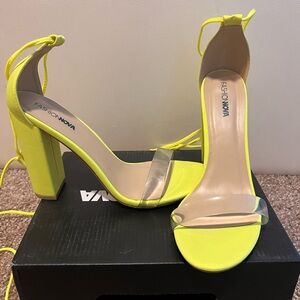 Fashion Nova Neon Yellow Tie-Up Chunky Heels - Clear Strap